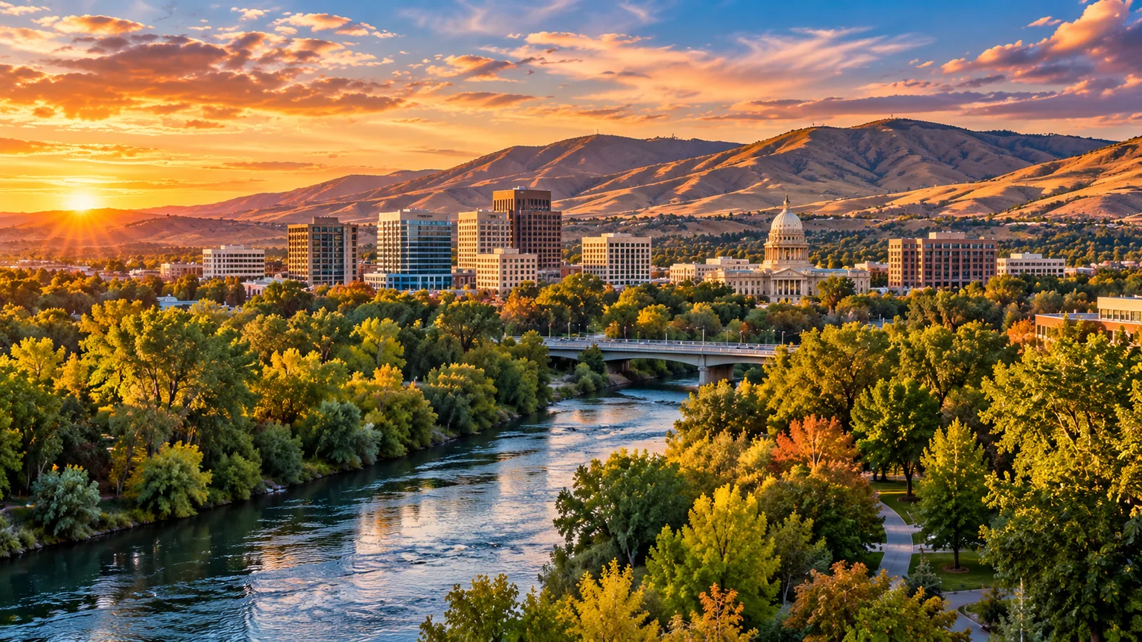 Boise Idaho merchant services illustration featuring the Boise skyline, Idaho State Capitol, Boise River and foothills at golden hour