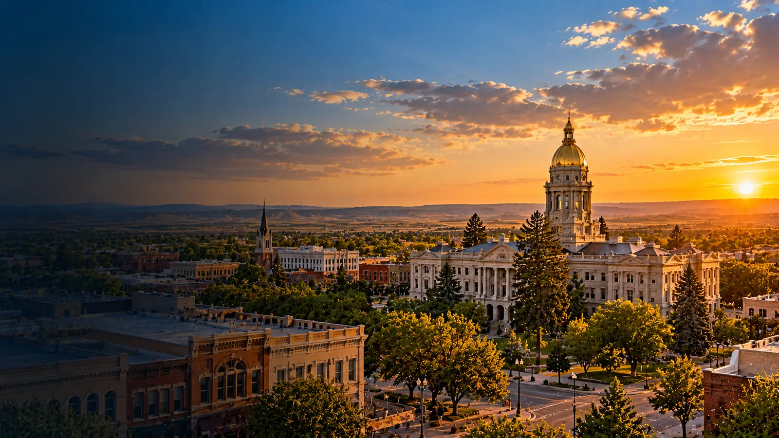 Cheyenne-inspired view of the Wyoming State Capitol and historic downtown at sunset
