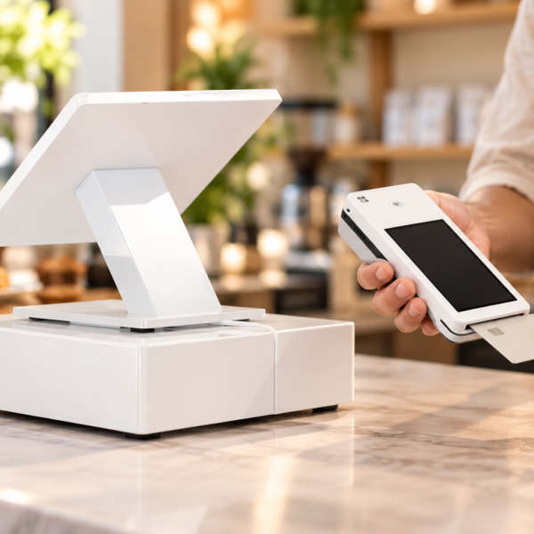 Modern POS checkout equipment with a touchscreen, contactless reader and handheld payment device on a café counter
