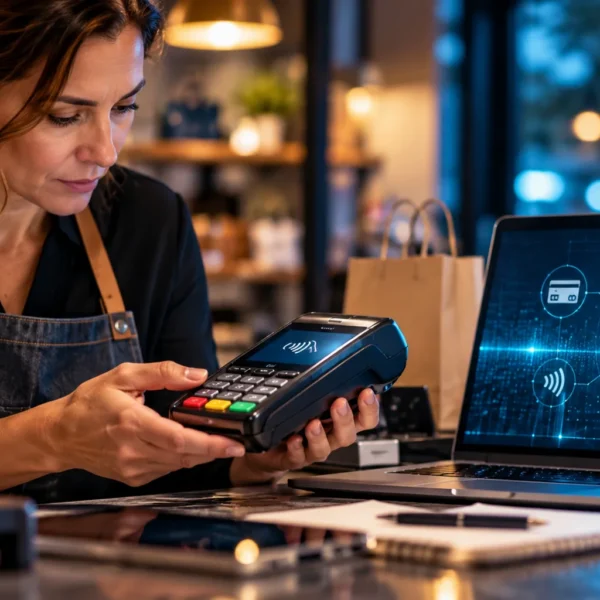 Small business owner examining a card payment terminal beside a laptop displaying a digital cybersecurity shield and padlock.