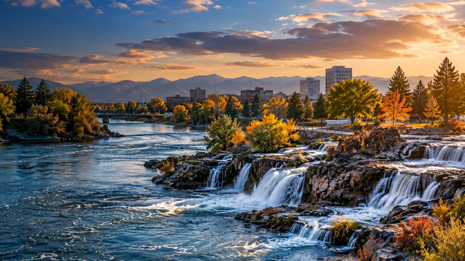 Idaho Falls merchant services headquarters city with Snake River waterfalls and autumn scenery