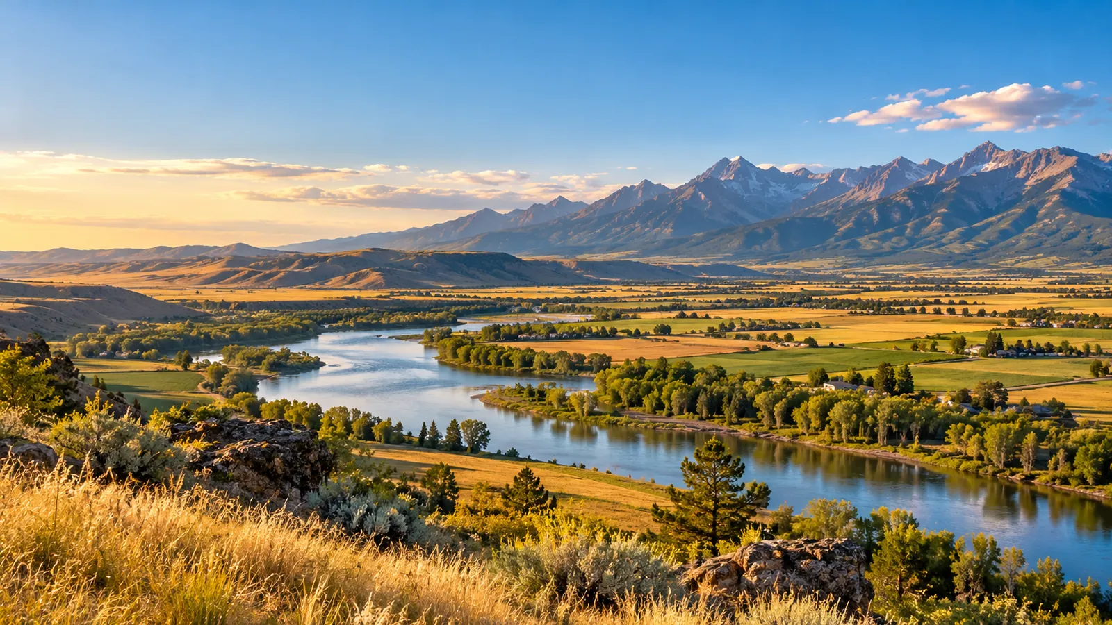 Illustrated Idaho river valley with farmland, mountains, and open skies