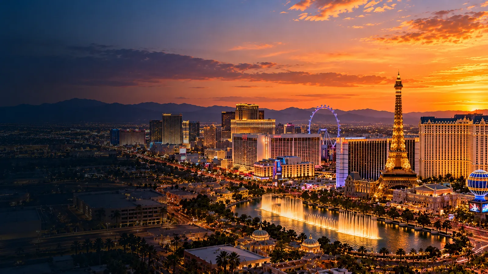 Las Vegas Strip skyline with illuminated resorts and desert mountains at sunset