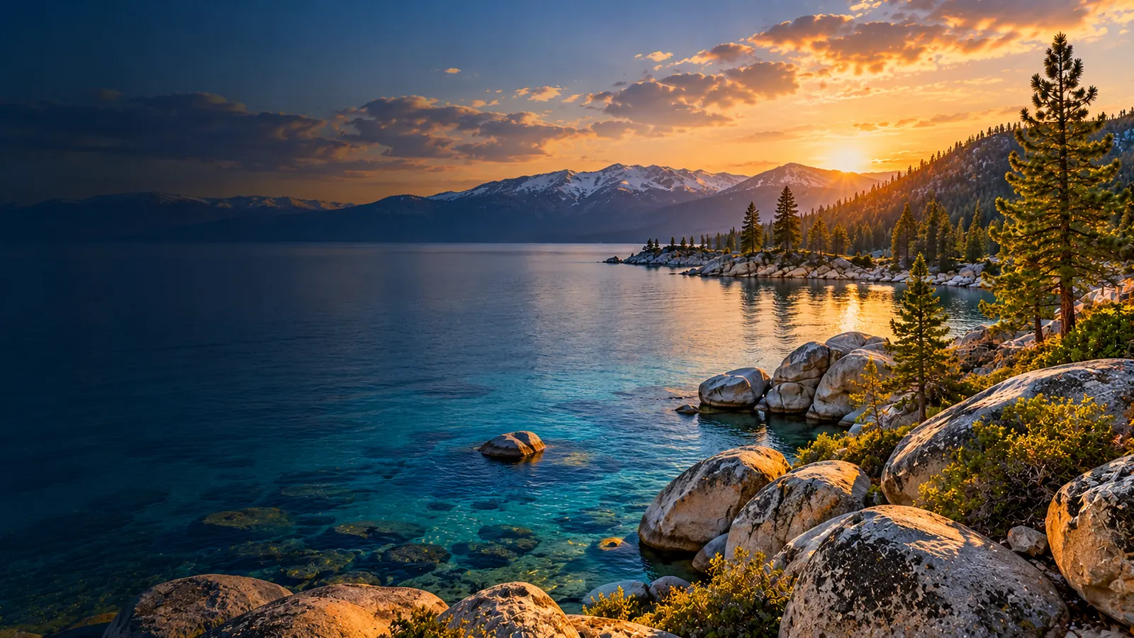Lake Tahoe-inspired Nevada alpine shoreline with mountains and pine trees at sunset
