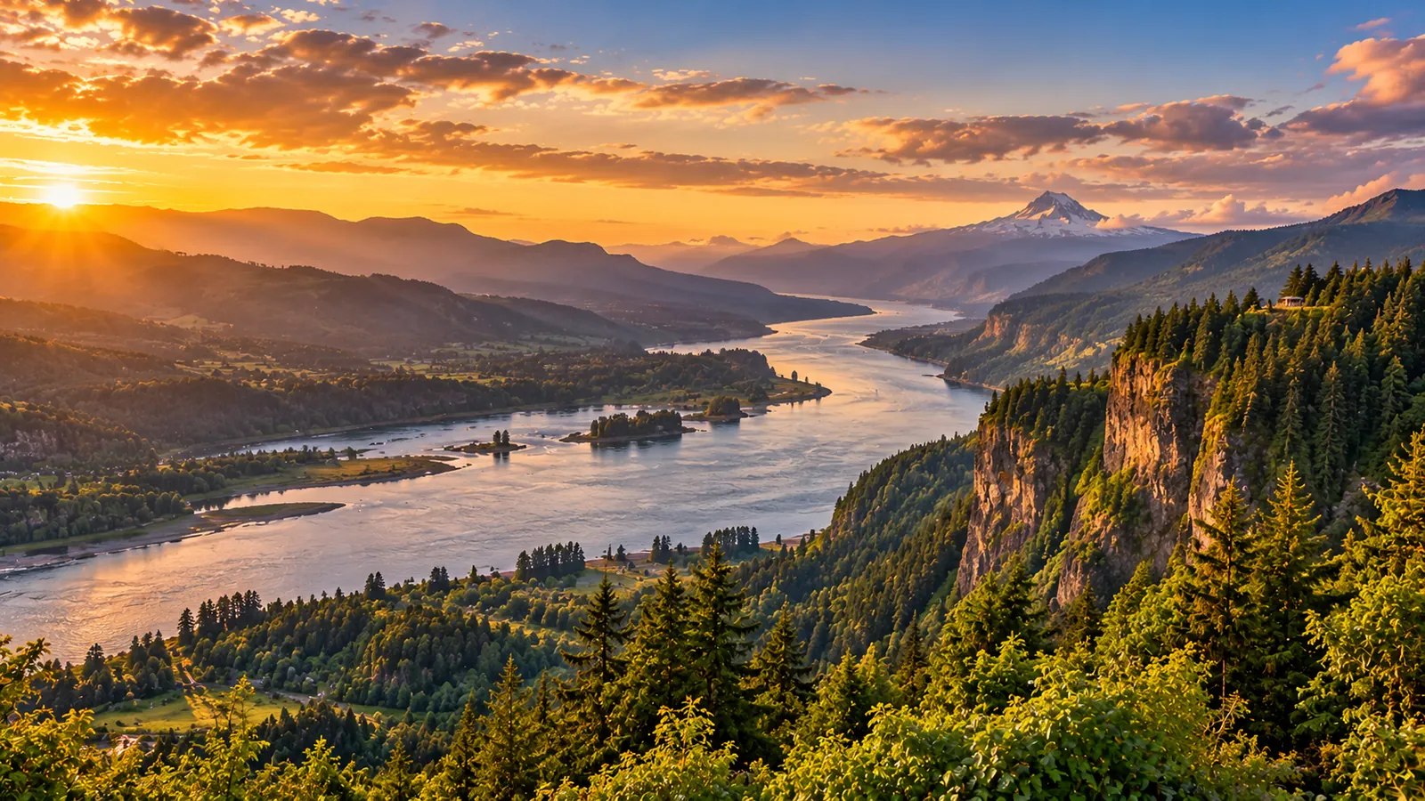 Oregon Columbia River Gorge-inspired landscape with forested cliffs and river at sunset