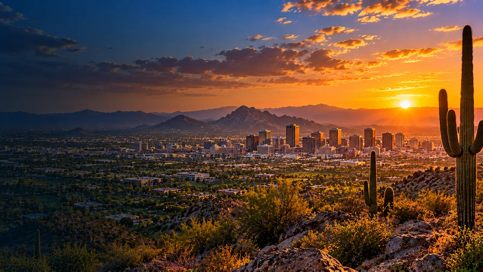 Phoenix Arizona skyline with Sonoran Desert saguaros and mountains at sunset