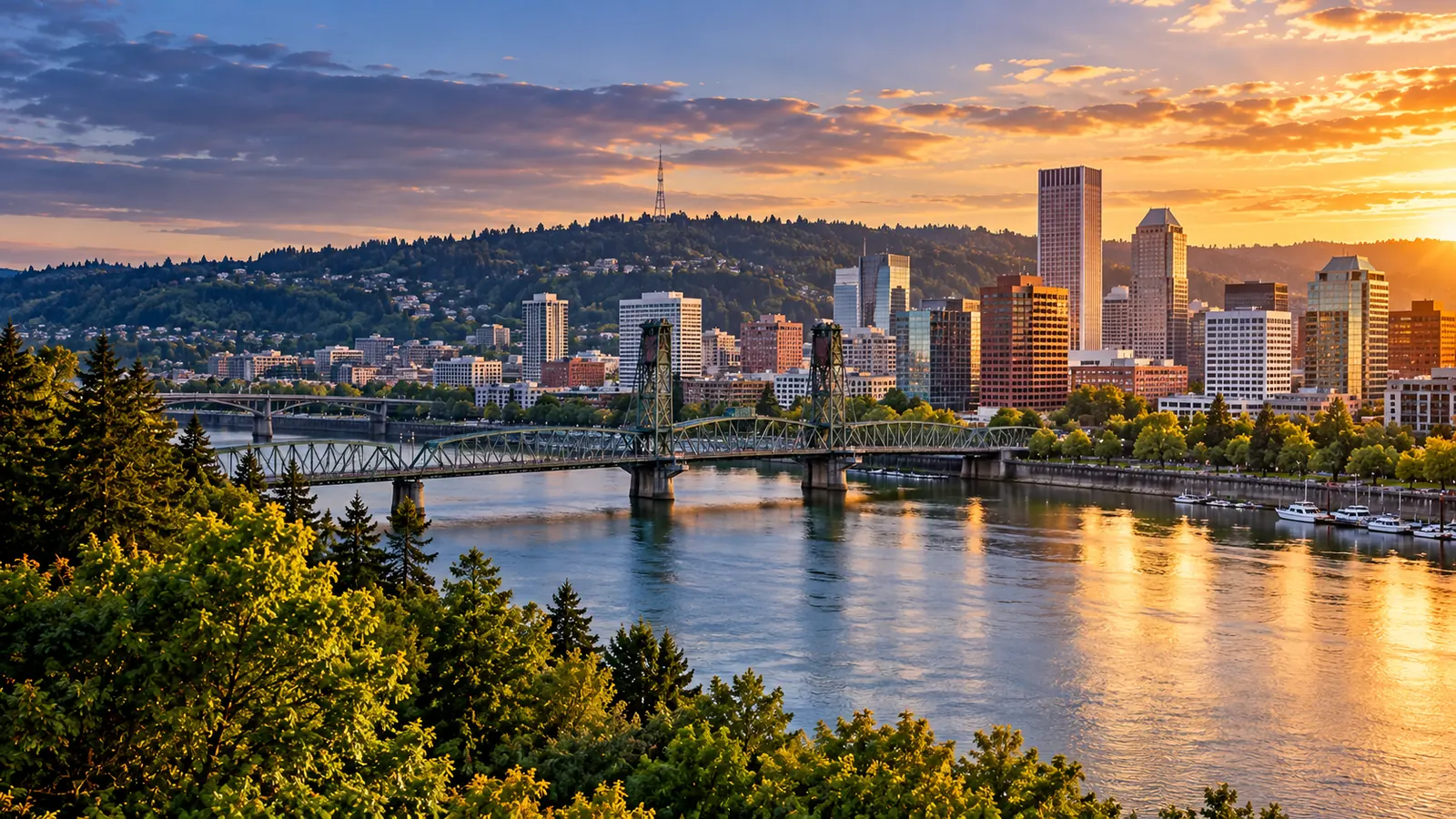 Portland skyline and Willamette River bridge at sunset