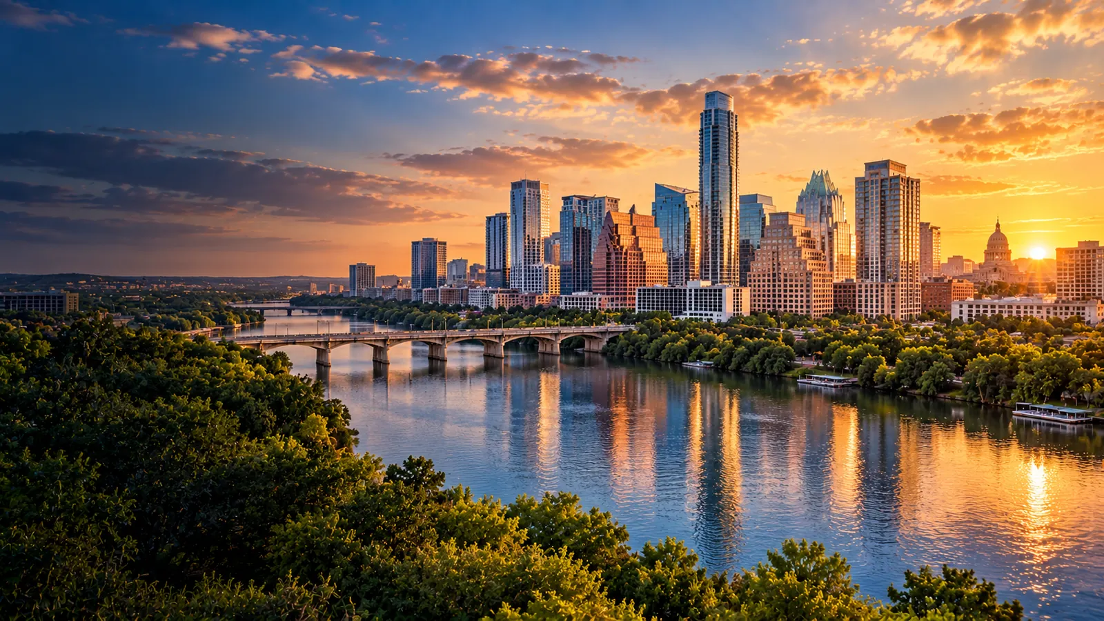 Dallas-inspired Texas skyline and cable-stayed bridge at sunset