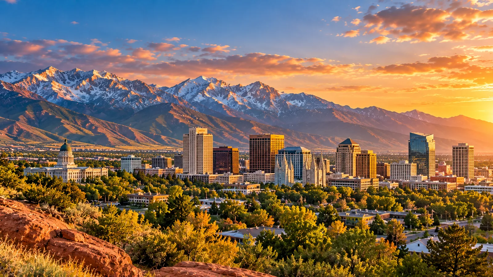 Illustrated Salt Lake City skyline with Utah State Capitol and Wasatch Mountains at sunset