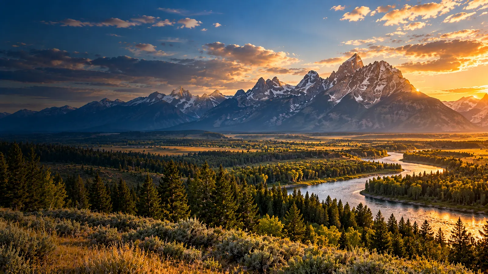 Grand Teton-inspired Wyoming mountain landscape with forests and winding river at sunset